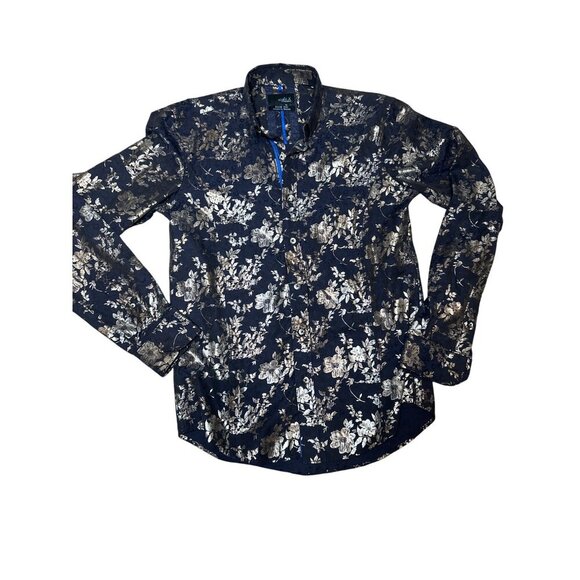 Eight X Jacquard Gold Floral Foil Button Down Shirt, Size Small - Picture 7 of 11